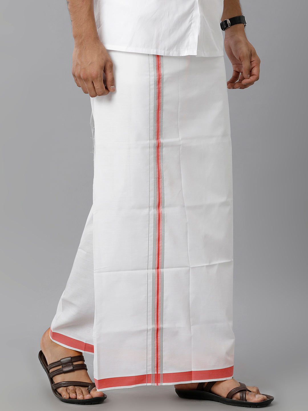 Mens Cotton White Single Dhoti with Red & Silver Border Winner Silver Fancy-Side view