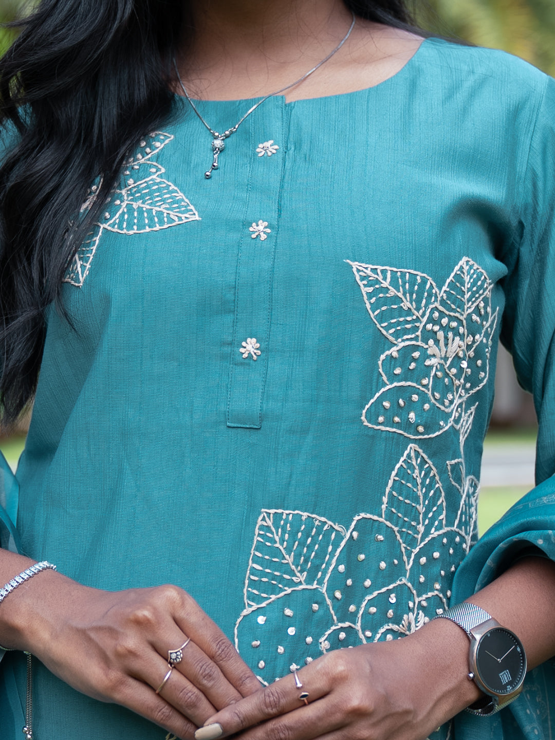 Women Teal MM Silk Embroidered Kurti Set EKS121