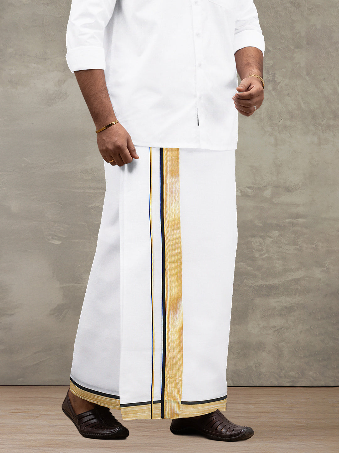 Men 100% Cotton Double Layer White Dhoti with fancy Border PMF10
