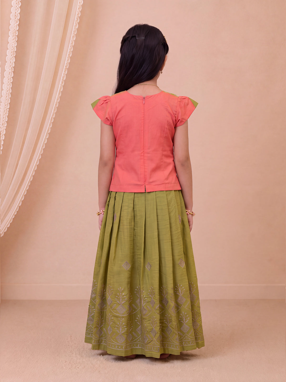 Girls Art Silk Peach Pink with Olive Green Pattu Pavadai Set GPS78