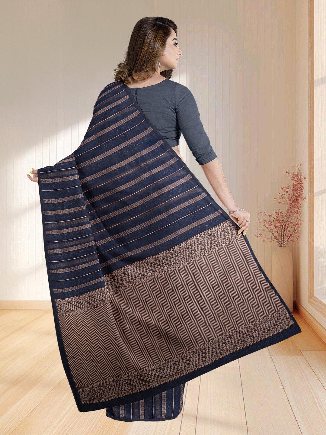 Women Navy Kora Cotton Saree PCS176