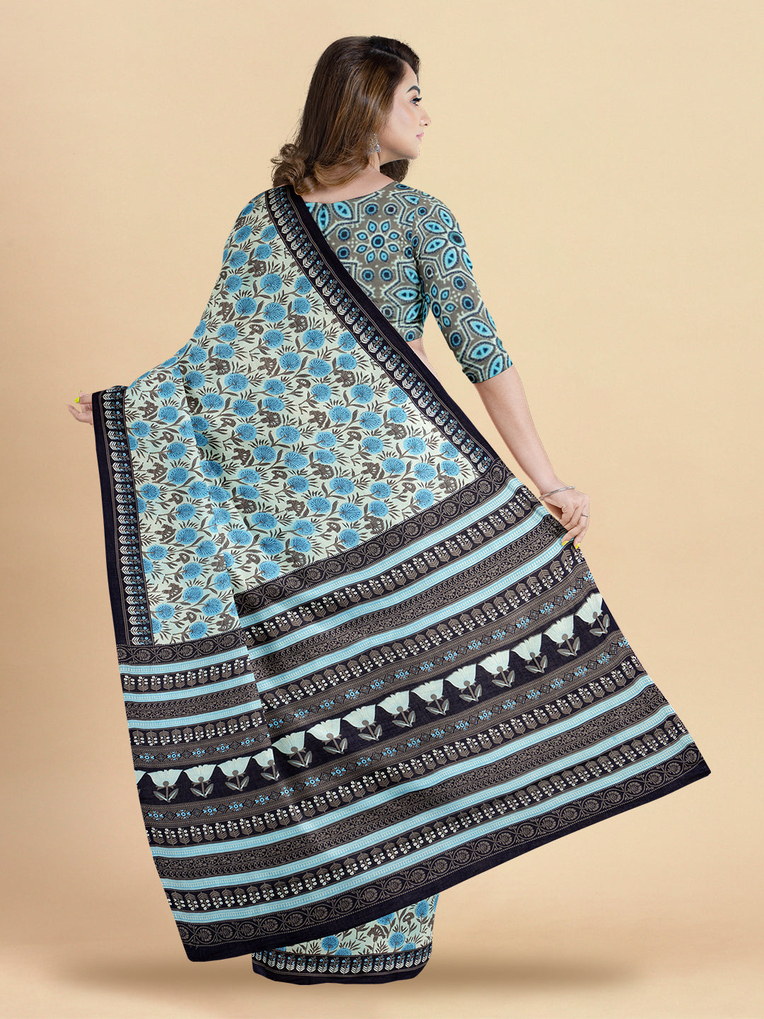 Womens Pure Cotton All over Printed Navy with Blue Colour Border Saree PCS11