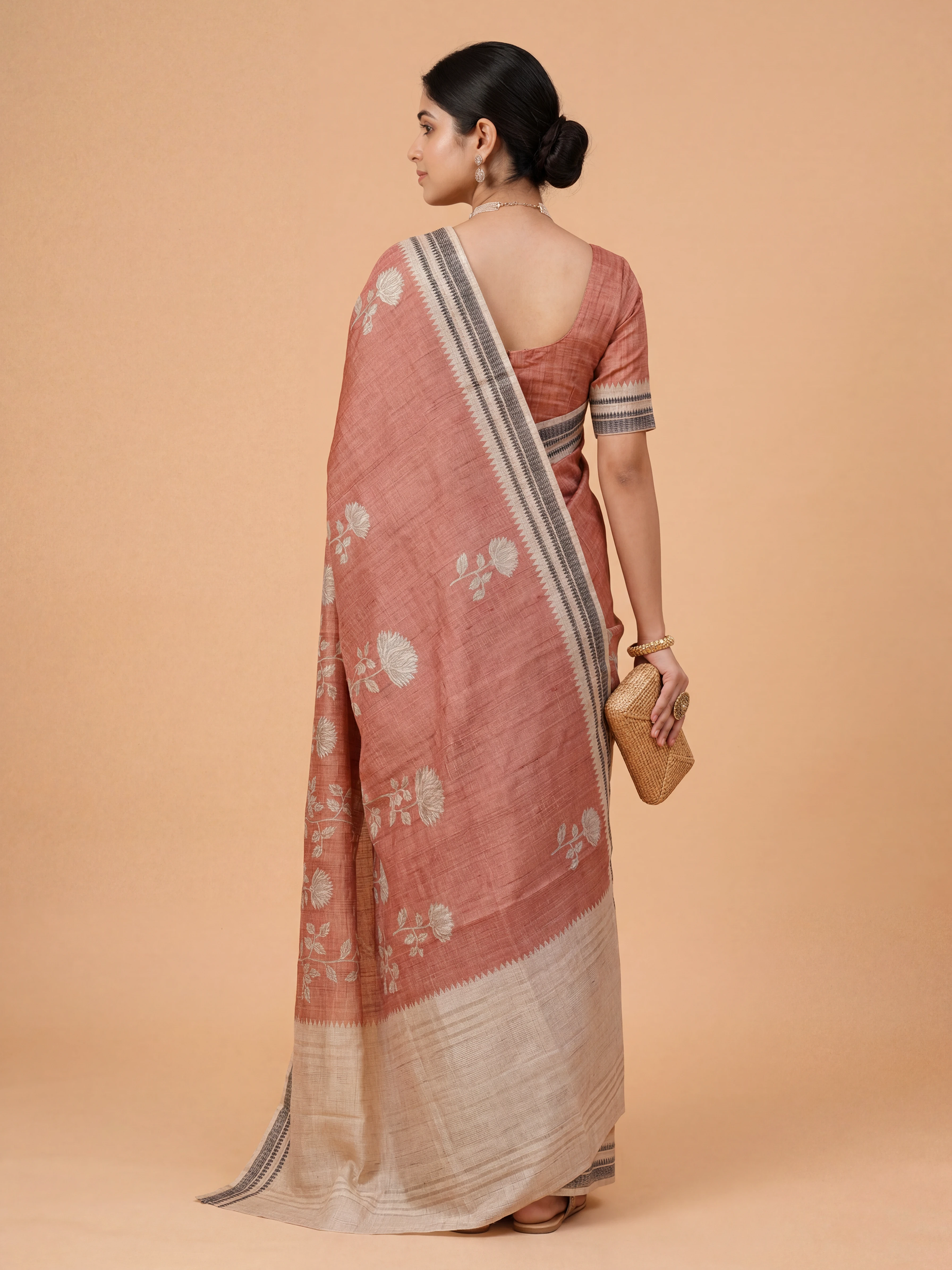 Women Semi Tussar Printed Red Saree ST343