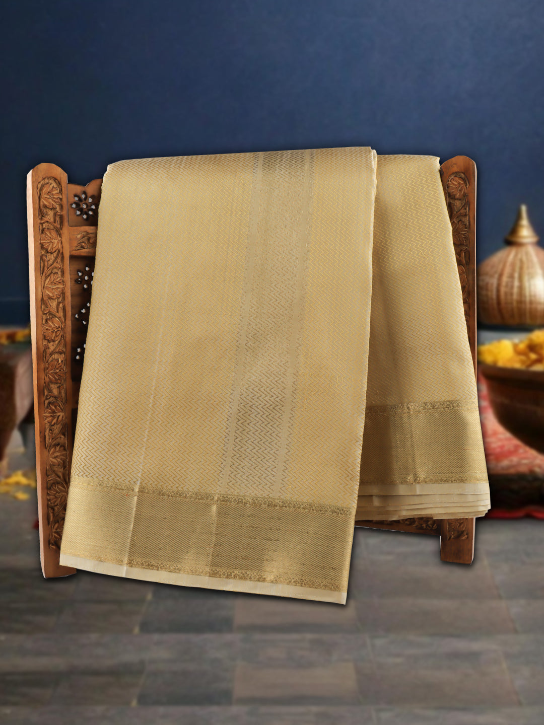 Men Pure Silk Dhoti & Towel Set with 2-gram Gold Jari Amirtham