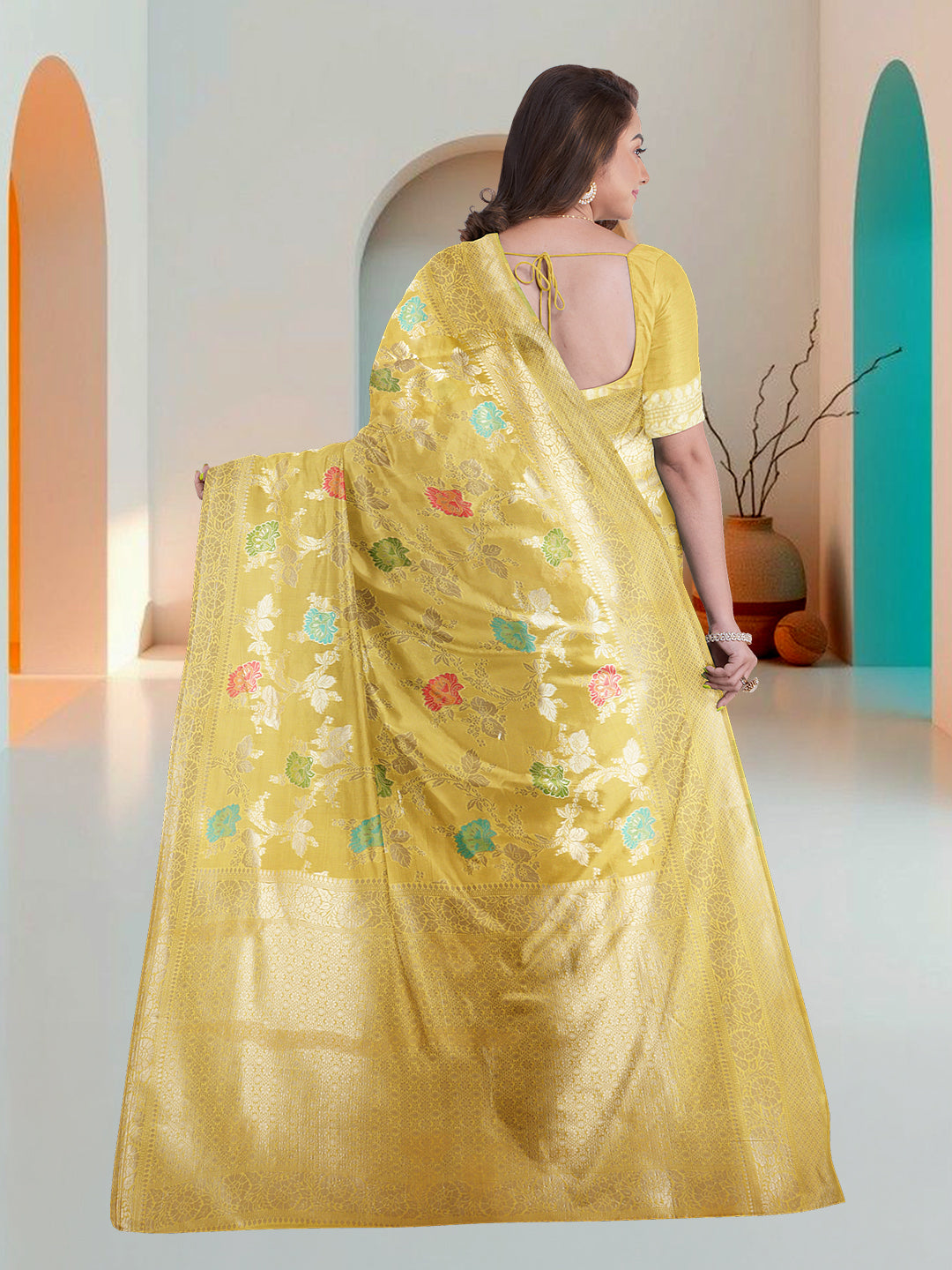 Women Yellow Art Silk Printed Saree ASS83