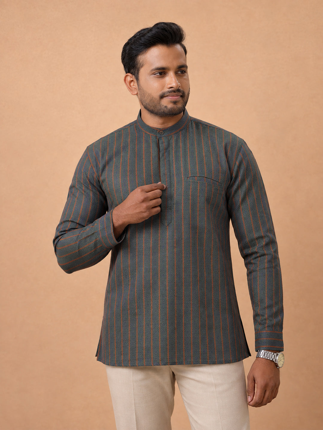 Cotton Short Length Self Design Pocket Kurta Bluish Green RJ38