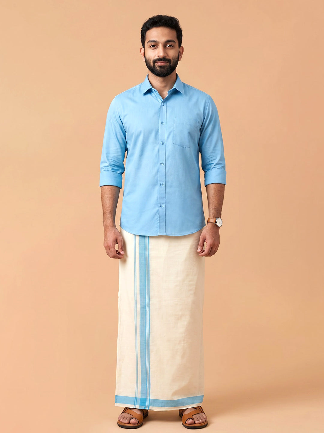 Double Layer 100% Cotton Cream Kora Dhoti with Colour Border - CFD02