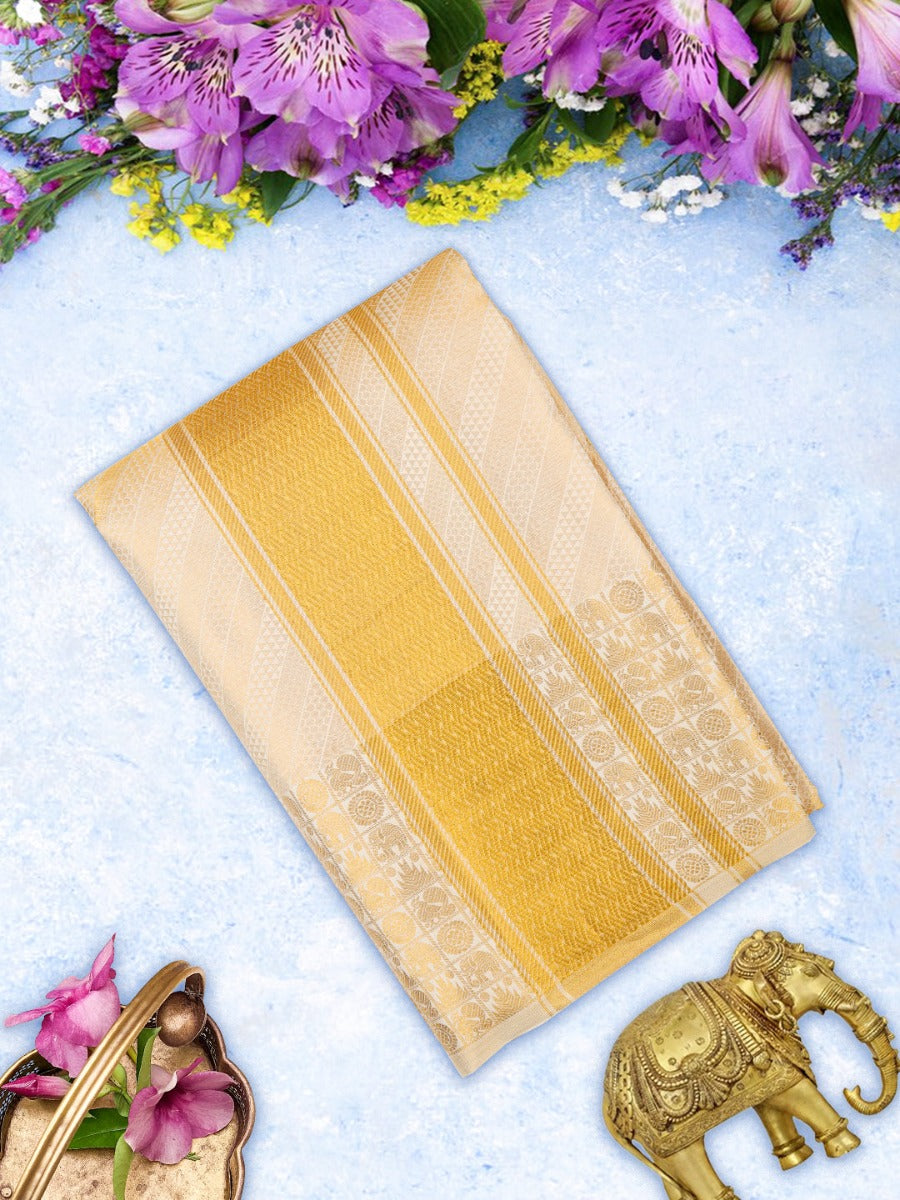 Premium Pure Silk Self Design Gold Tissue Shirt Bit with 5" Dhoti & Angavasthram Set Rajahamsa