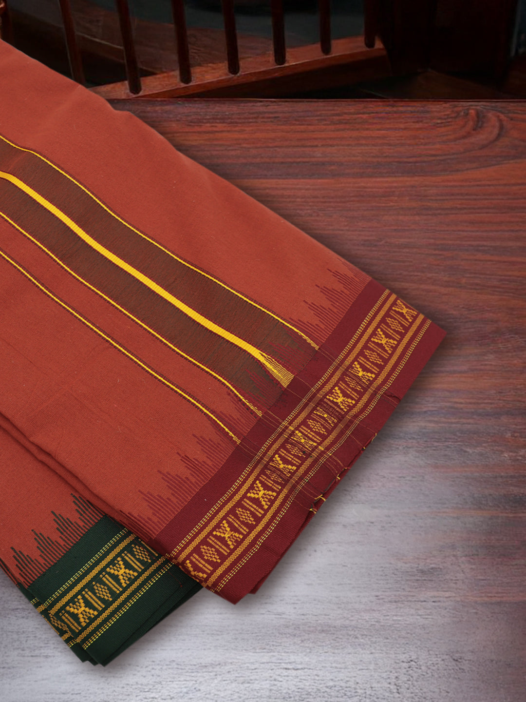 Men 100% Cotton Fancy Border Panchakacham with Angavasthram Kaavi(9+5)