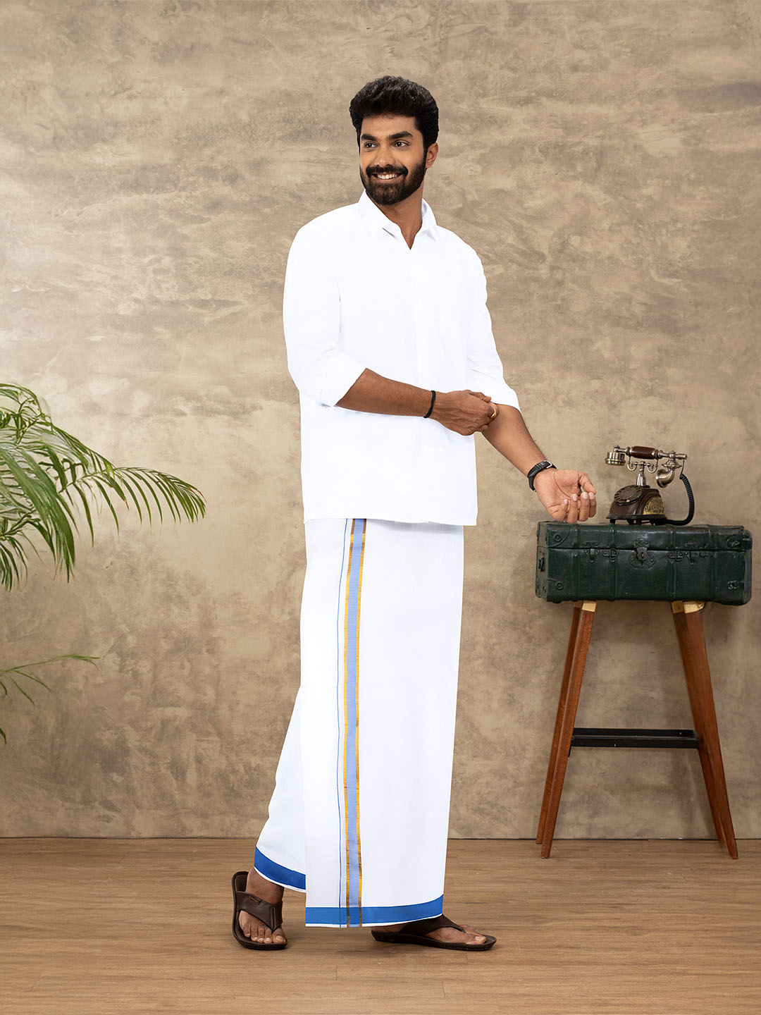 Men Cotton Blend Readymade Double Layer White Dhoti with Fancy Jari Border GFDA09