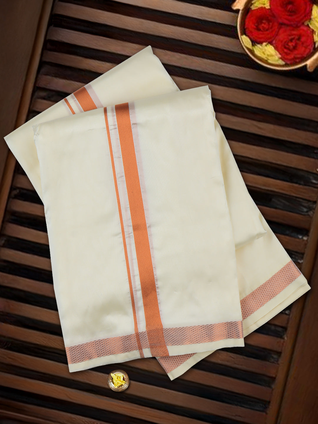 Men Art Silk Jari Dhoti & Shirting Set Copper Shubha Hora (3*1)