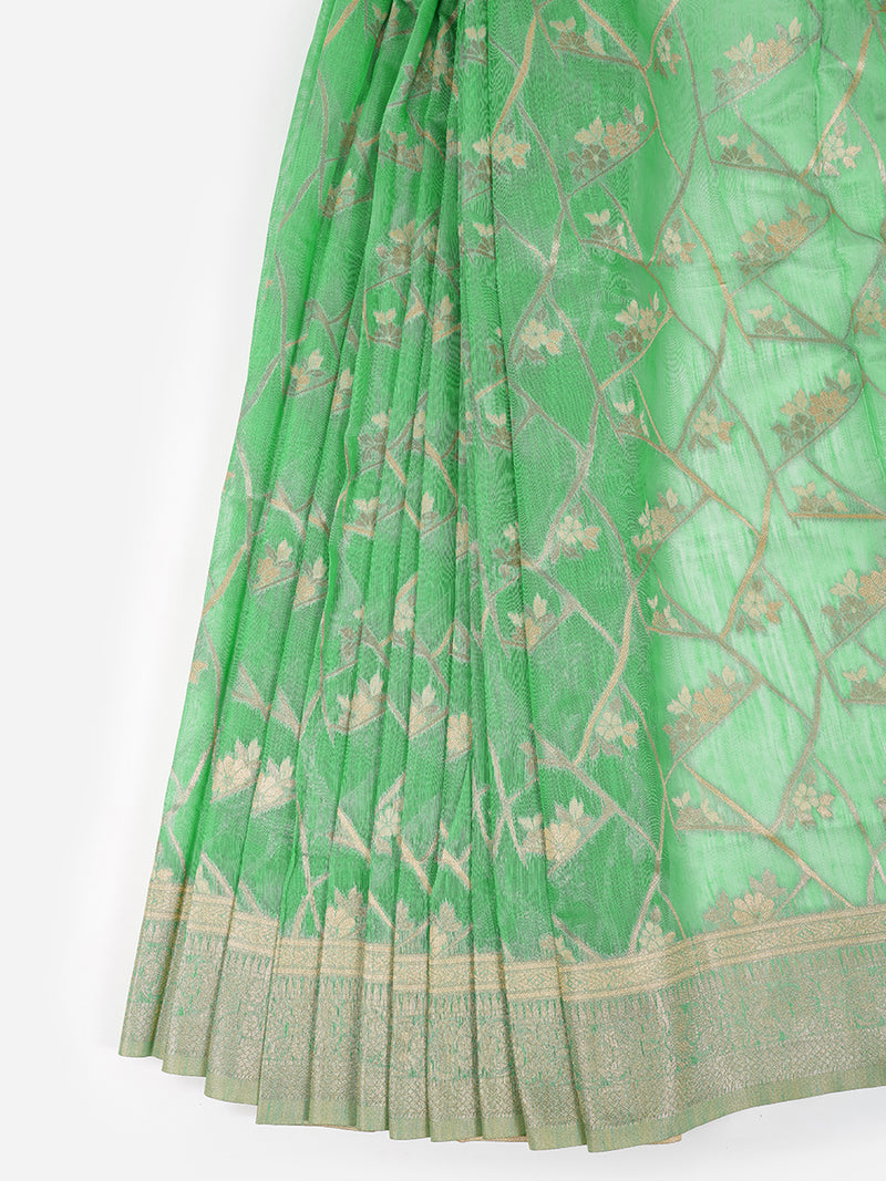 Stylish Flower Design Green Semi Kora Cotton Saree SK71