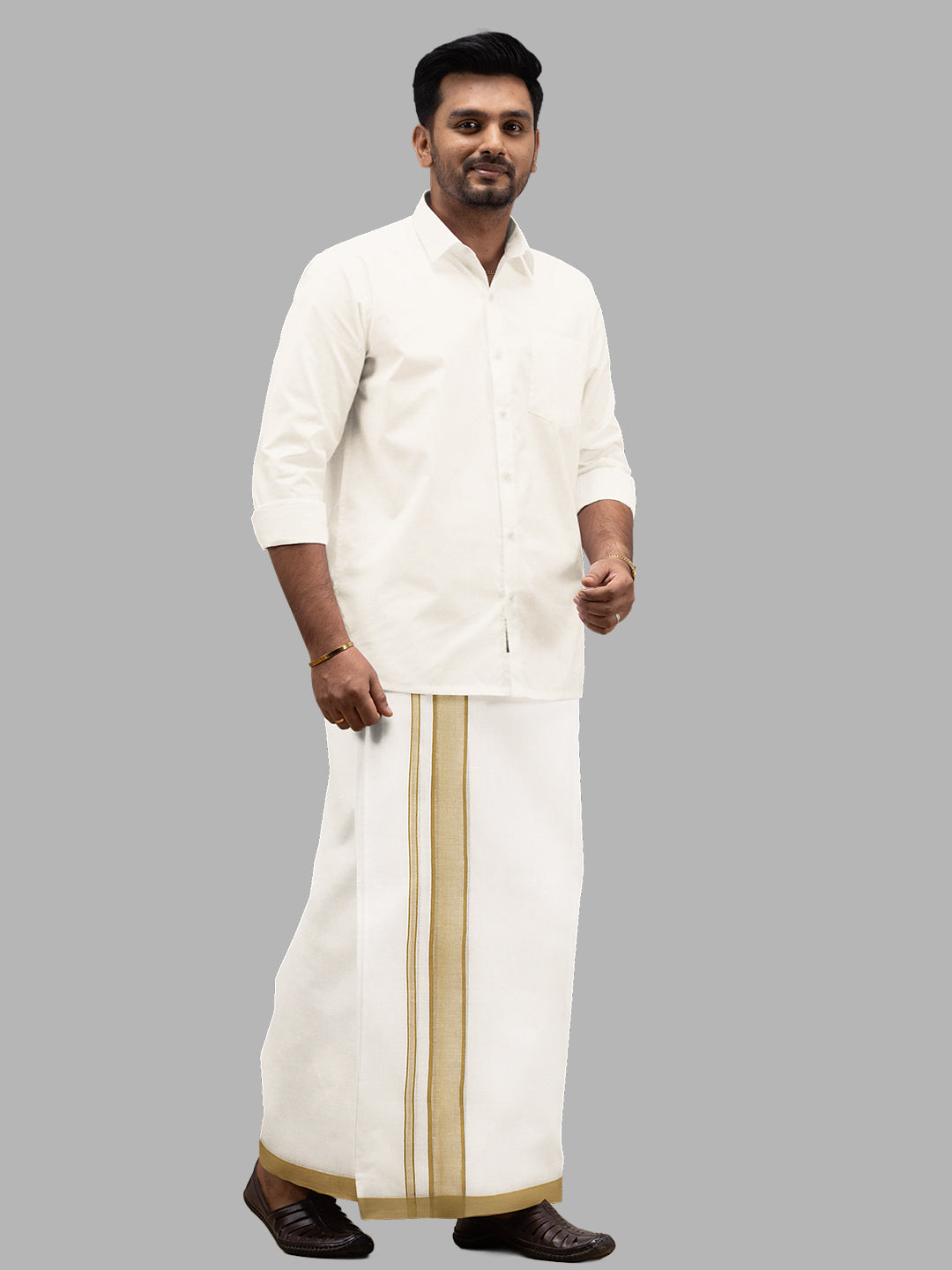 Men Green Fancy Border Double Layer White Dhoti RP3