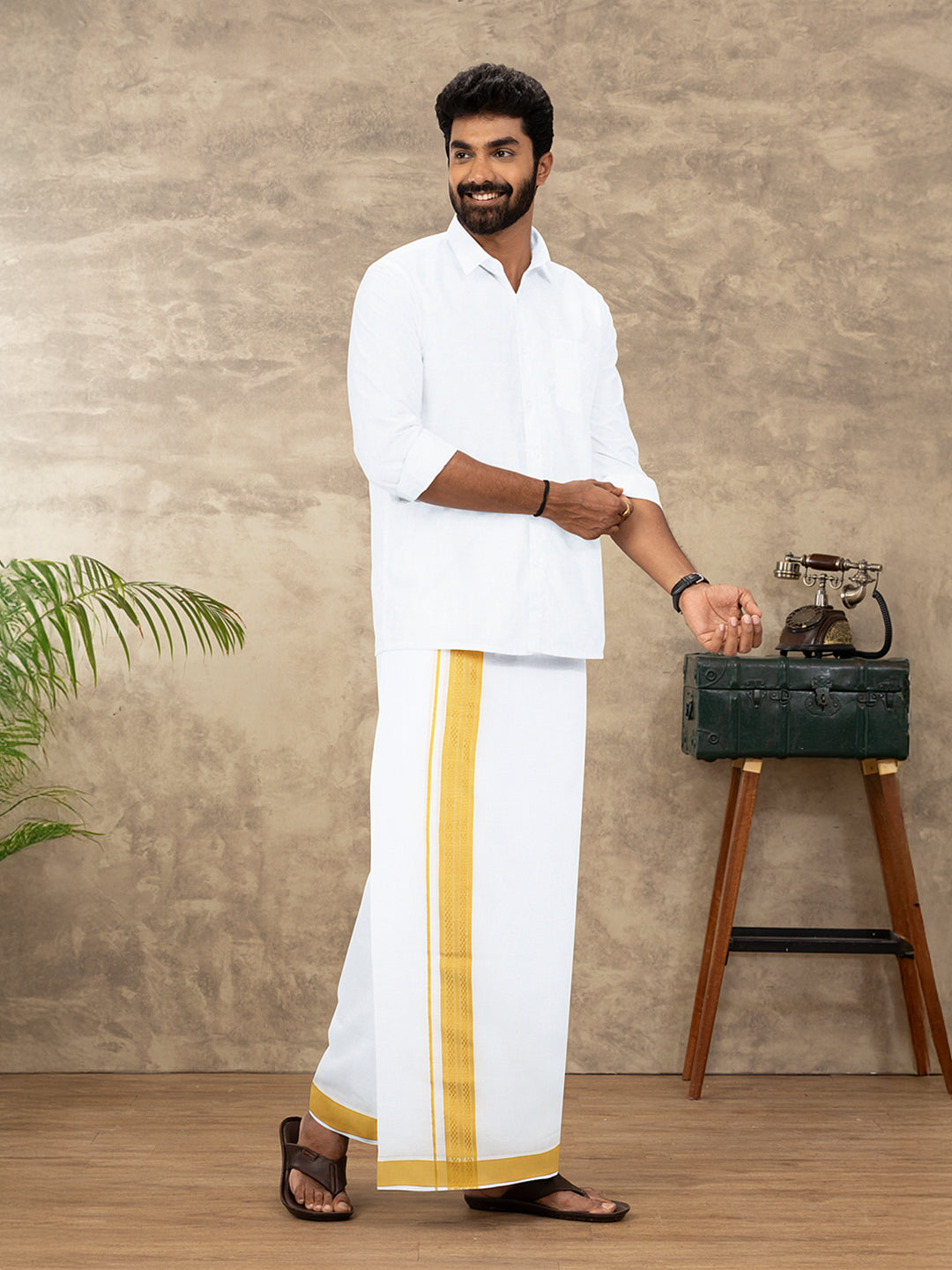 Men Cotton Blend Double Layer White Dhoti with Fancy Border TF13