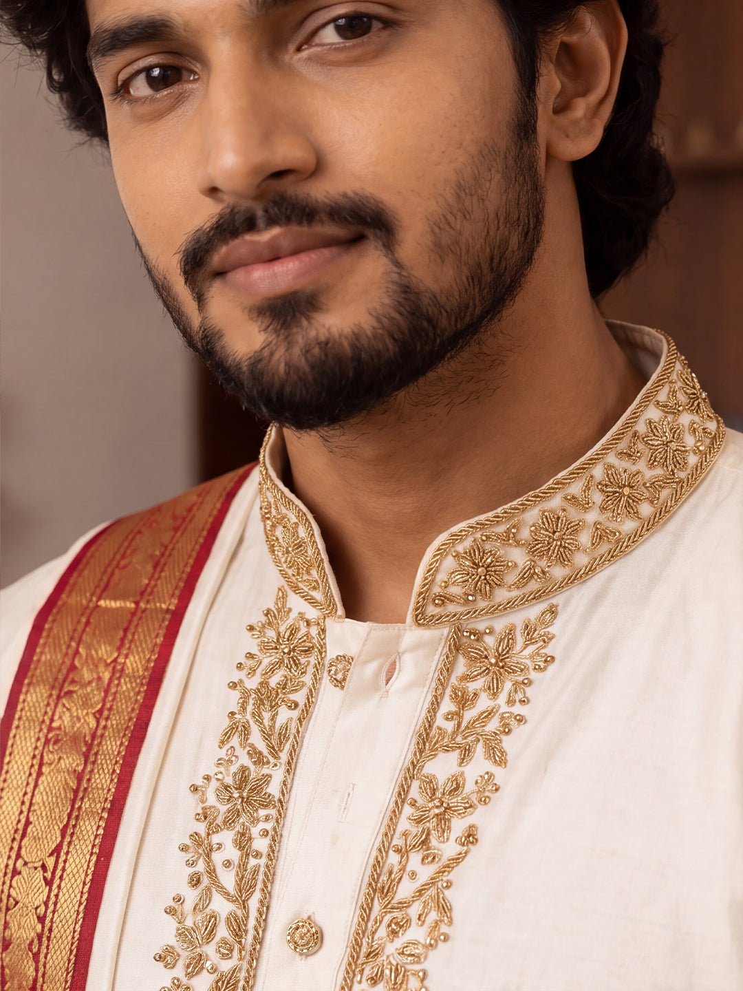Premium Pure Silk Hand Embroidered Butterfly Motif Kurta Panchakacham & Angavastram with Banaras Red Border | Rathna Varman