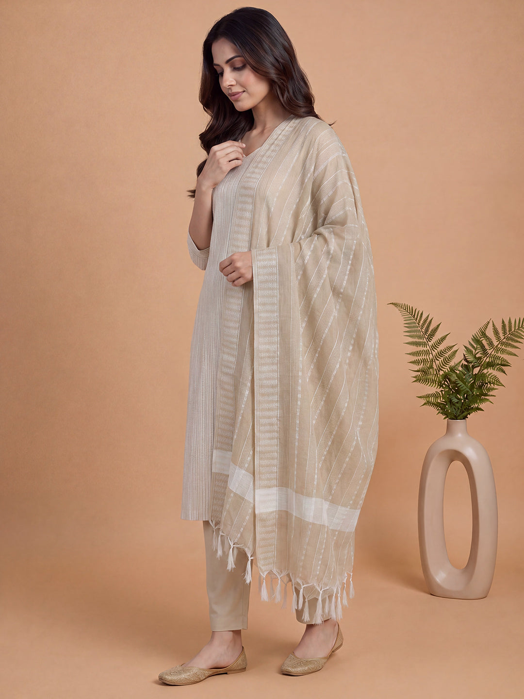 Women Embroidered Light Brown Kurti Set EKS152