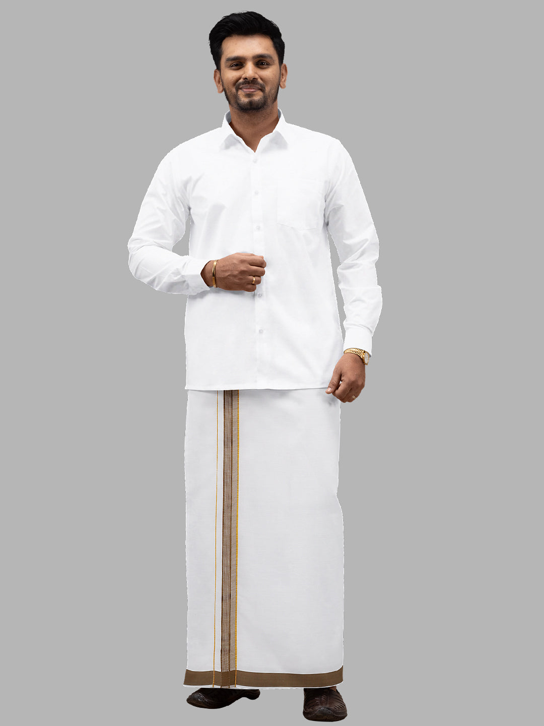 Men Brown Adjustable Pocket Dhoti with Fancy Border GACJ18