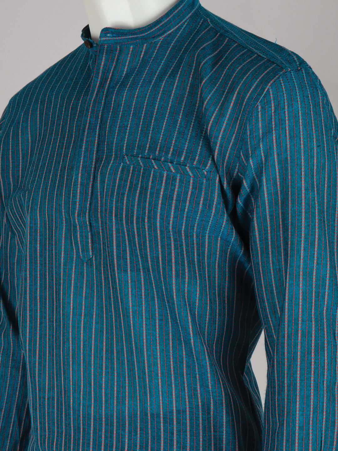 Men Cotton Short Length Striped Pocket Kurta Peacock Green RJ52