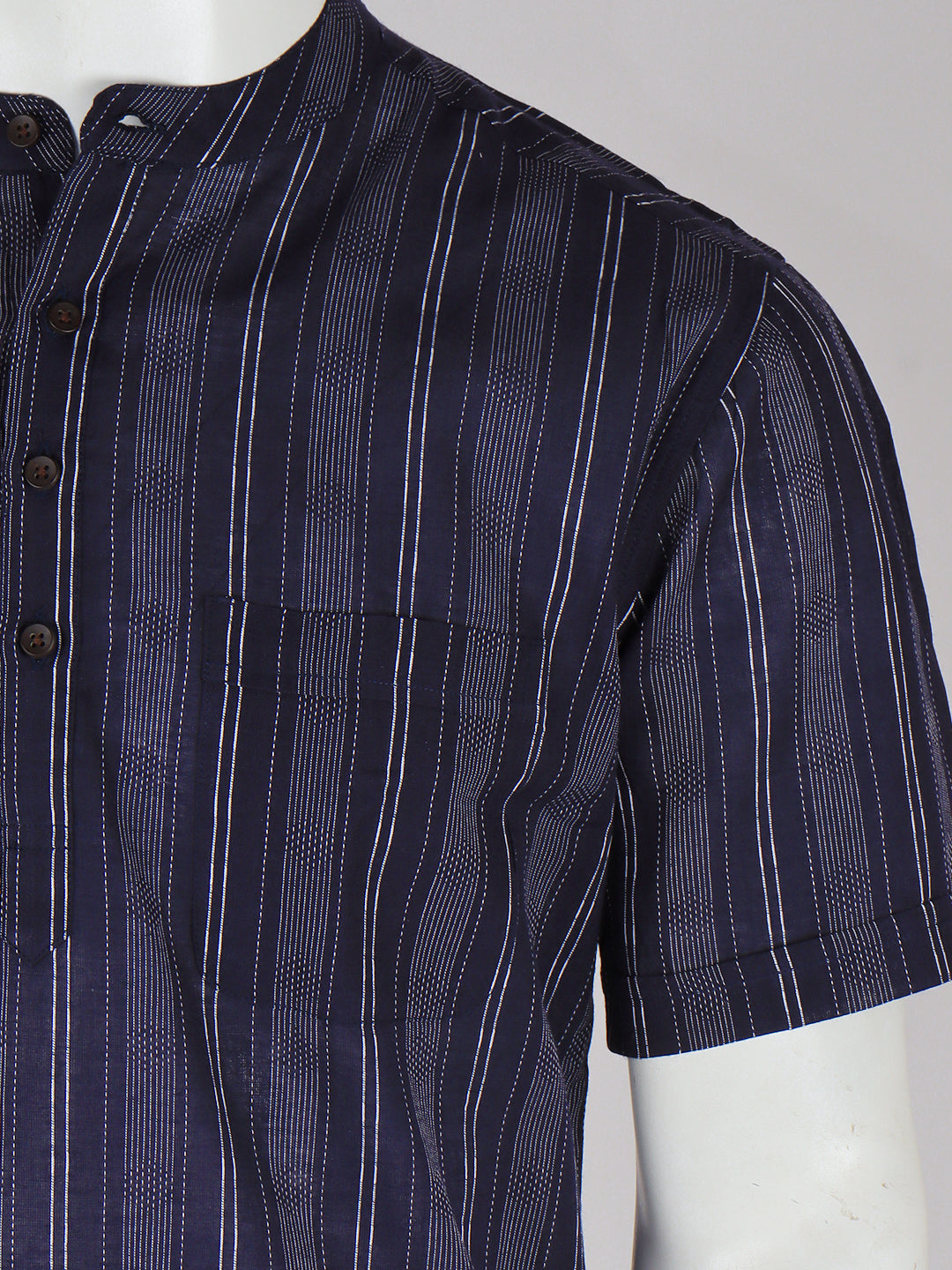 Men Cotton Short Length Striped Pocket Kurta Blue RJ03