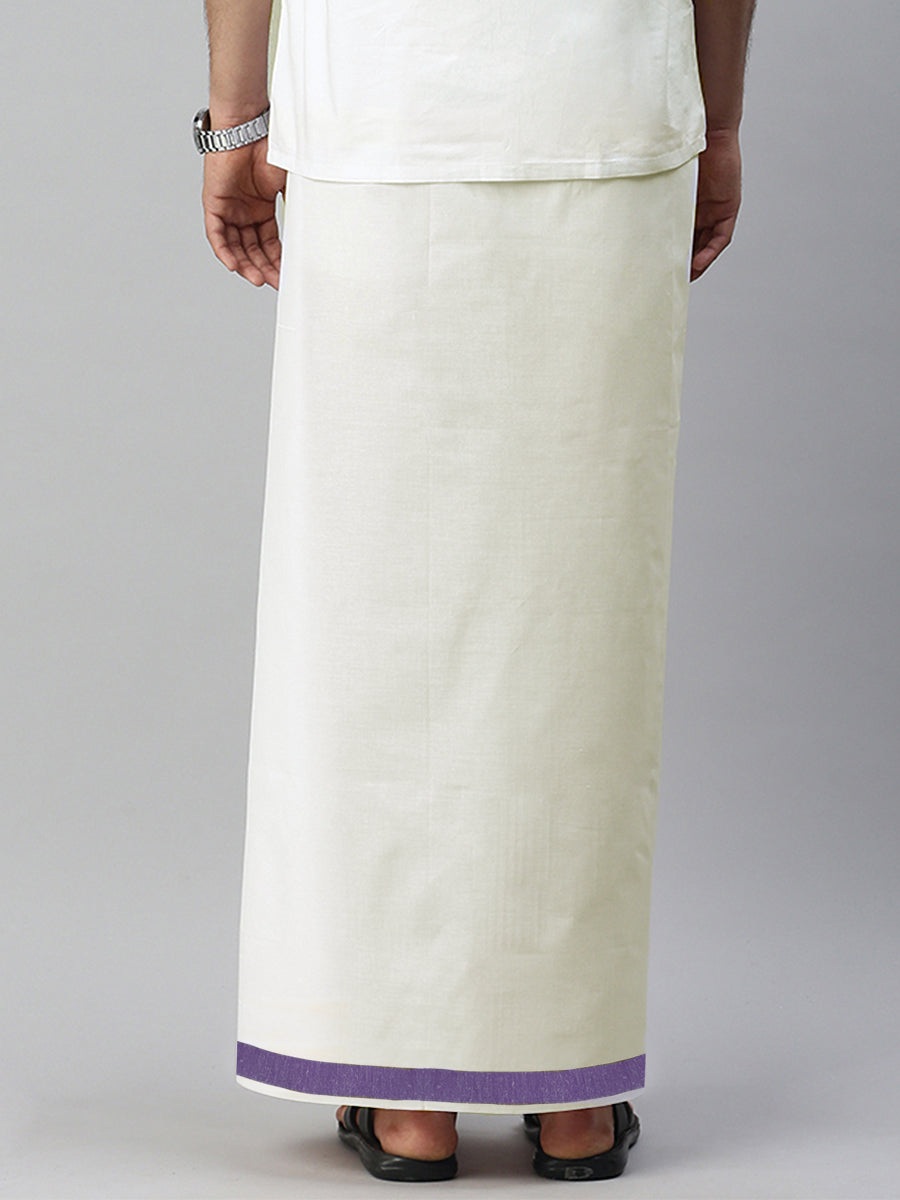 Mens Kora Cream Double Dhoti with Violet Redfort Fancy Border-Back view