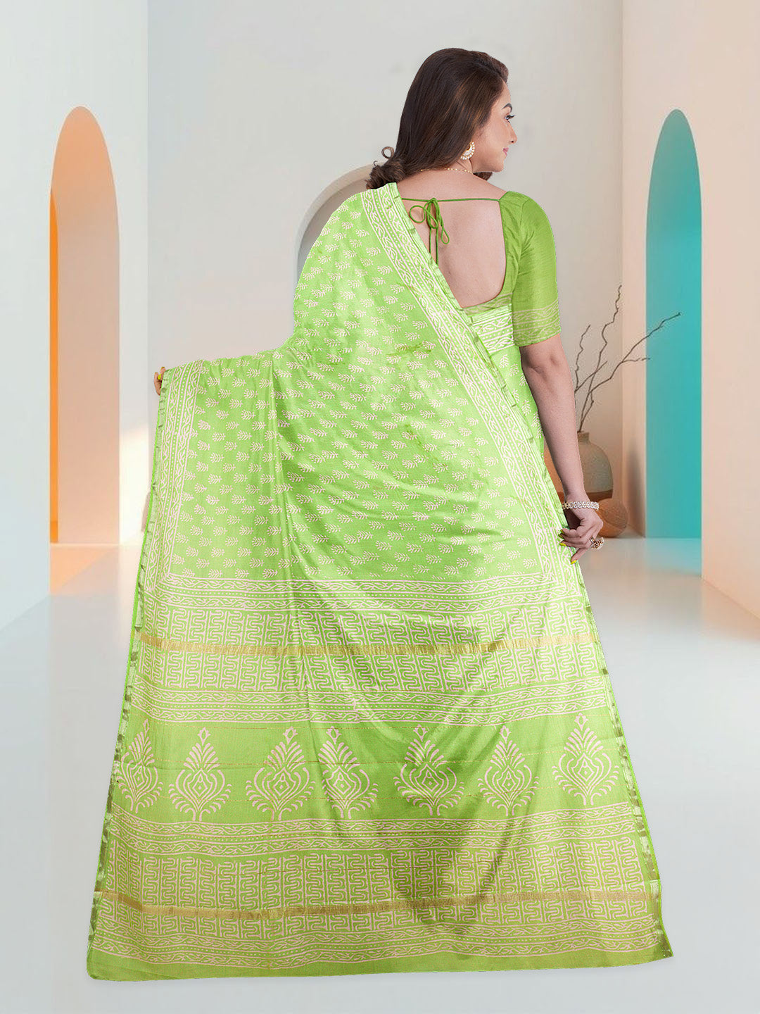 Women Yellowish Green Semi Chanderi Cotton Printed Saree SC71