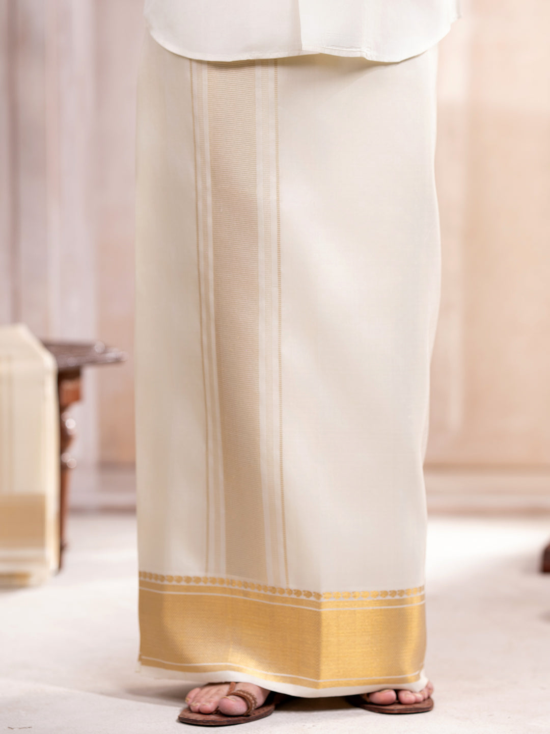 Pure Silk Cream Dhoti with 5" Gold Jari Border - Kalasam