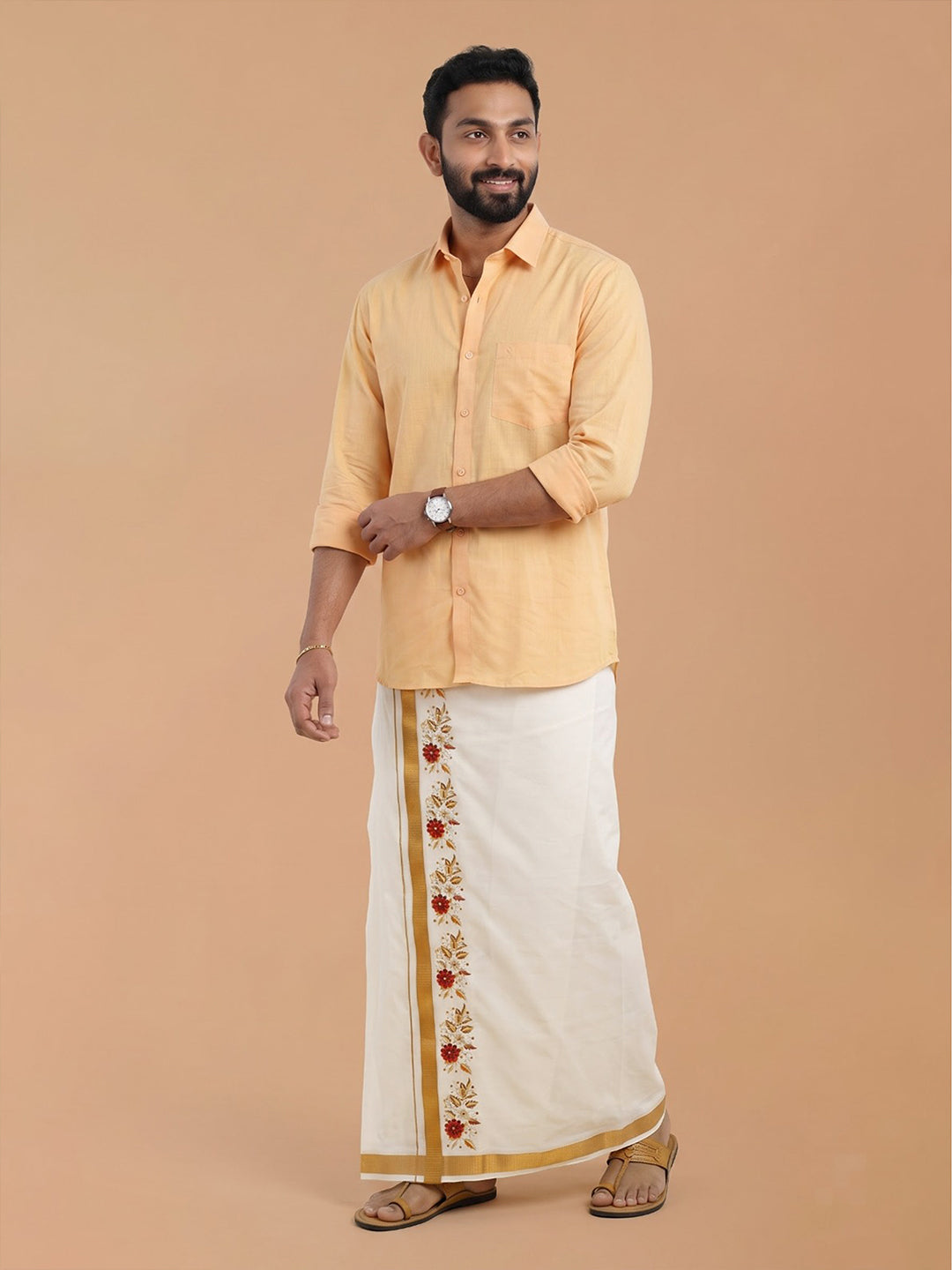 Double Layer Cotton Cream Dhoti with Colour Jari Border - GCC03