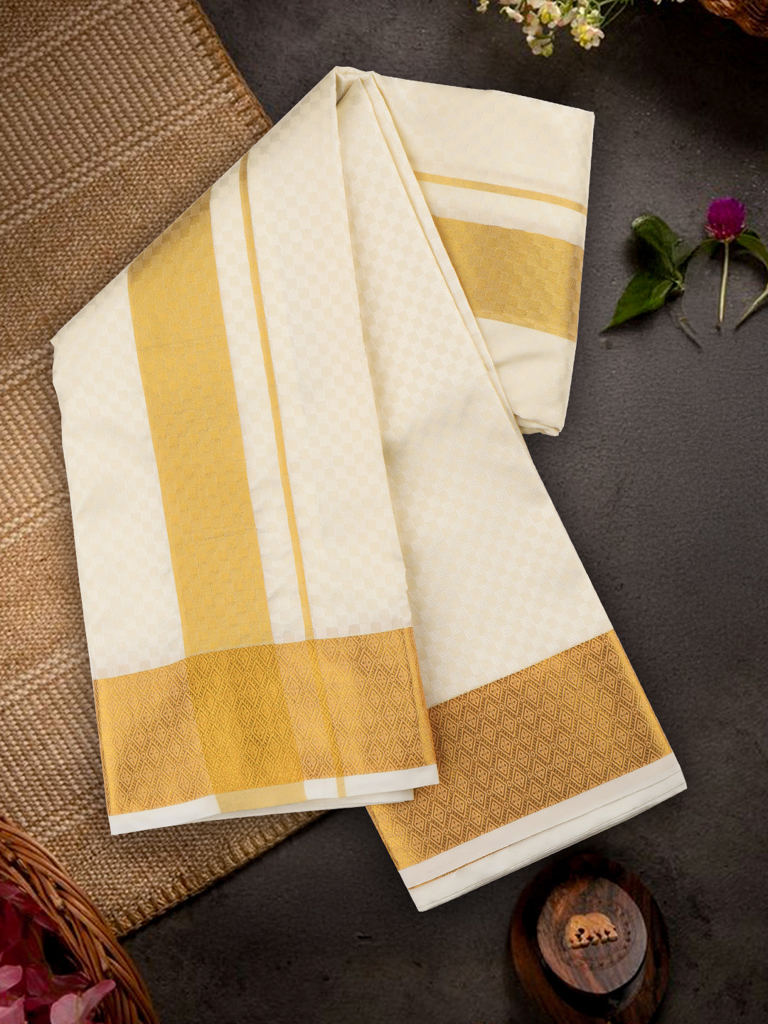 Men Art Silk Gold Jari Dhoti & Shirting Cream Mangalakara Set 140k (2 in 1)