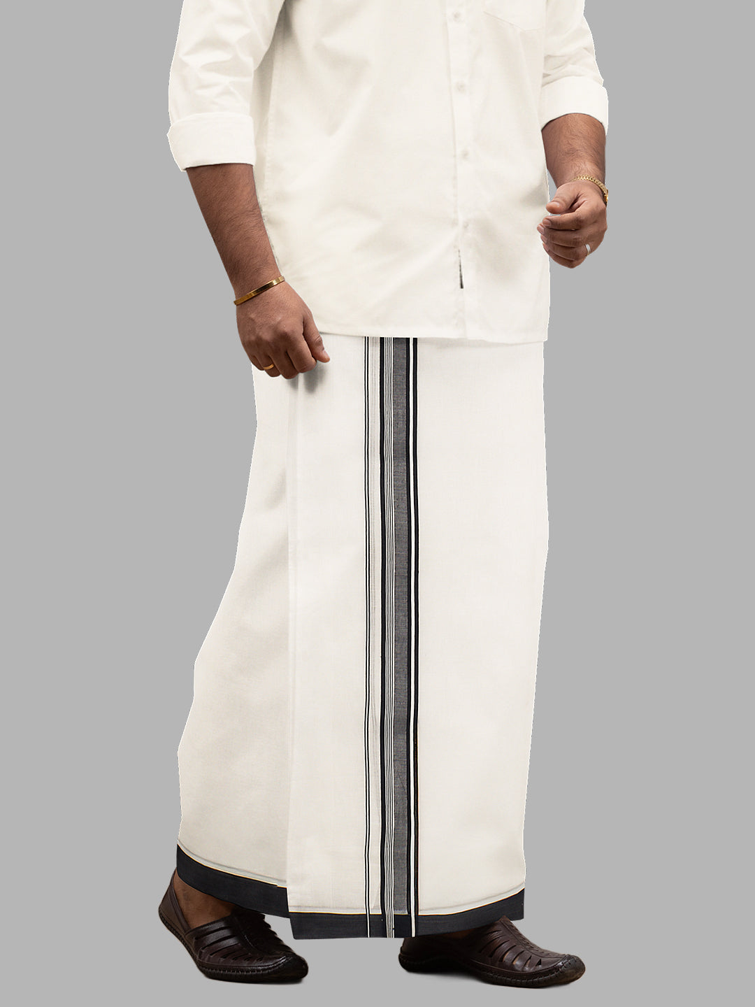 Men Navy Fancy Border Double Layer White Dhoti RF03