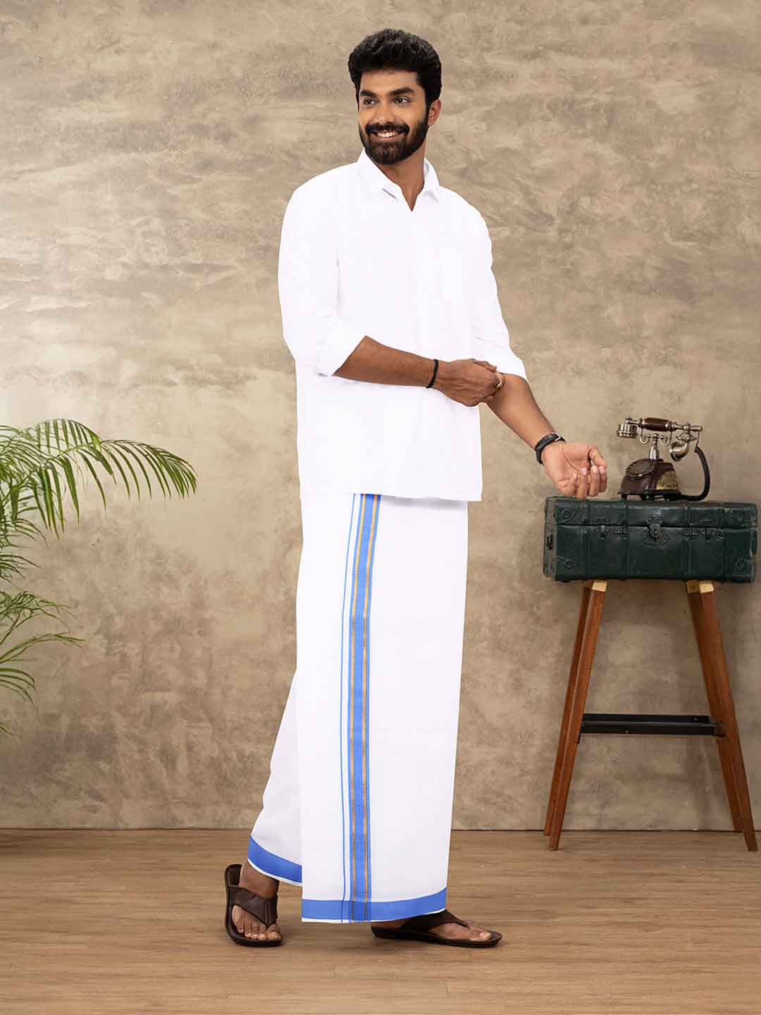 Men Cotton Blend Double Layer White Dhoti with Fancy Jari Border TGJF02