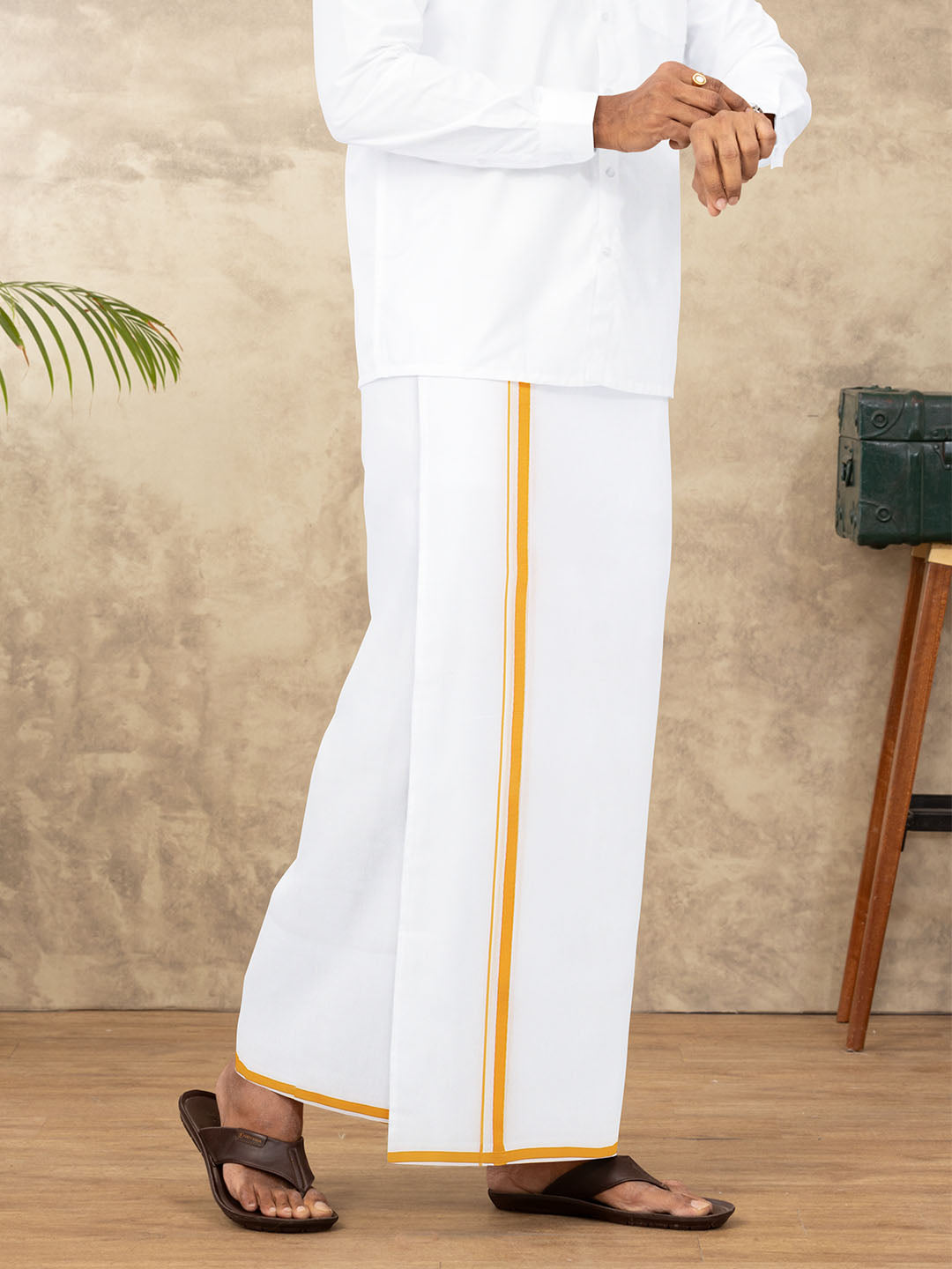 Men 100% Cotton Double Layer White Dhoti with Small Border JV02