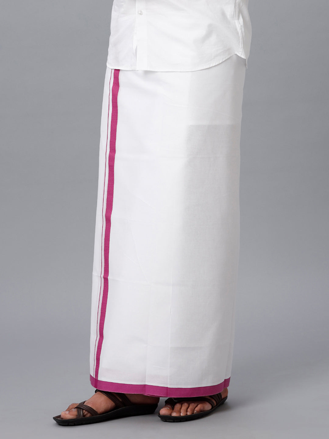 Mens Cotton White Double Dhoti with Purple Border Anchor Fancy-Sideview