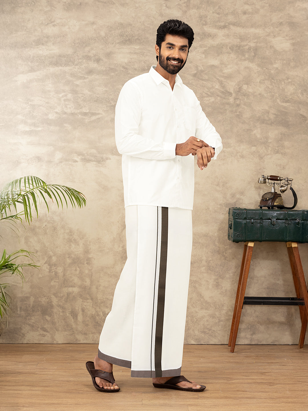 Men Kora Cotton Double Layer Dhoti with Fancy Border TKS17