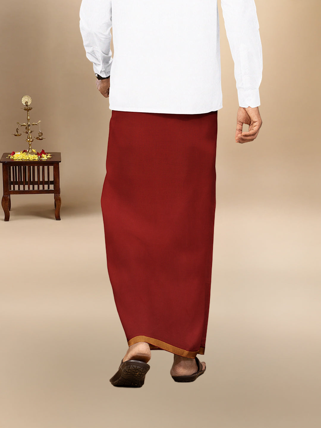 Men Cotton Blend Single Layer Dark Red Dhoti with Gold Jari Border Cosmic