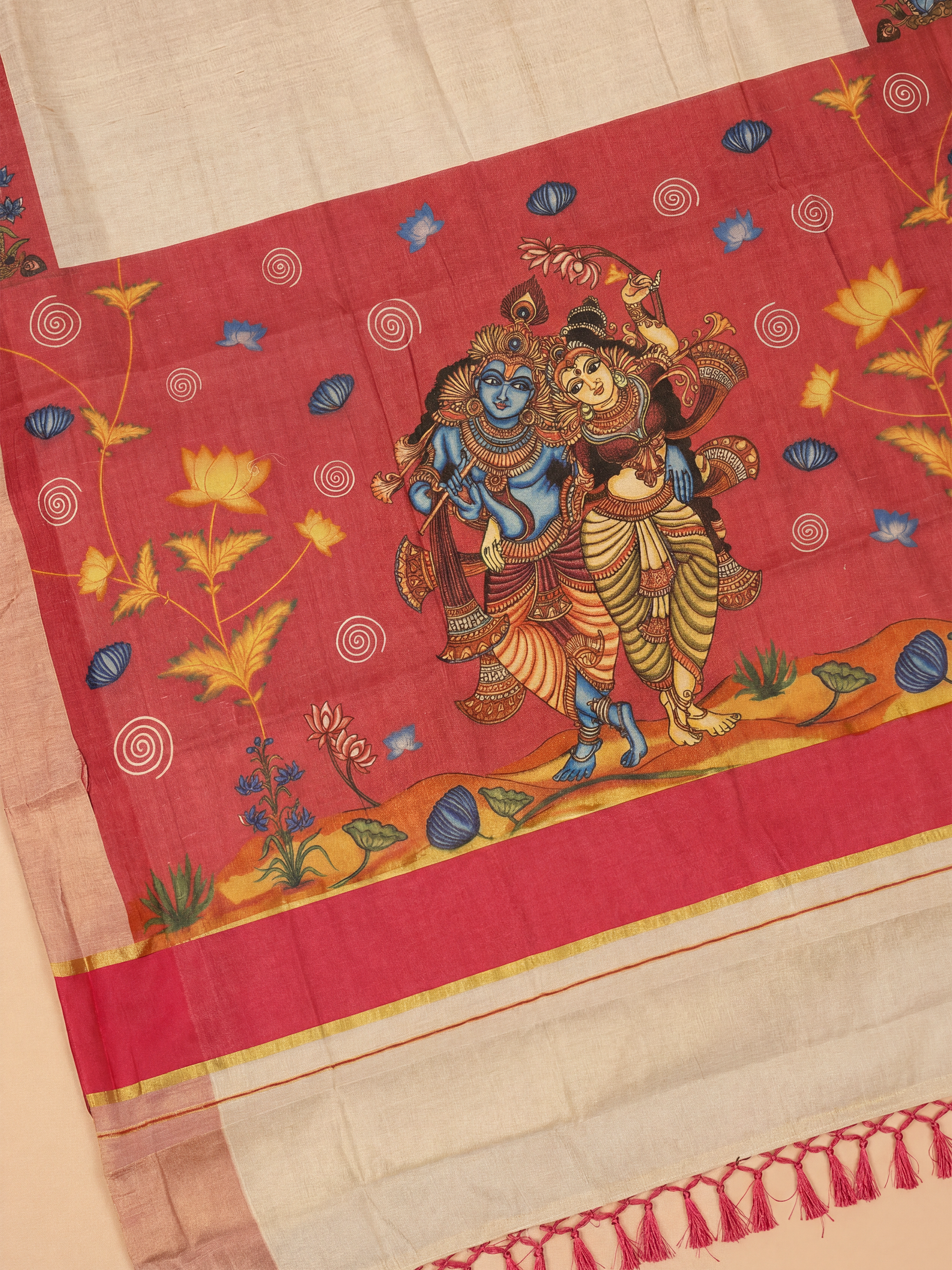 Women Tissue Pink Krishna Printed Kerala Saree KLS21