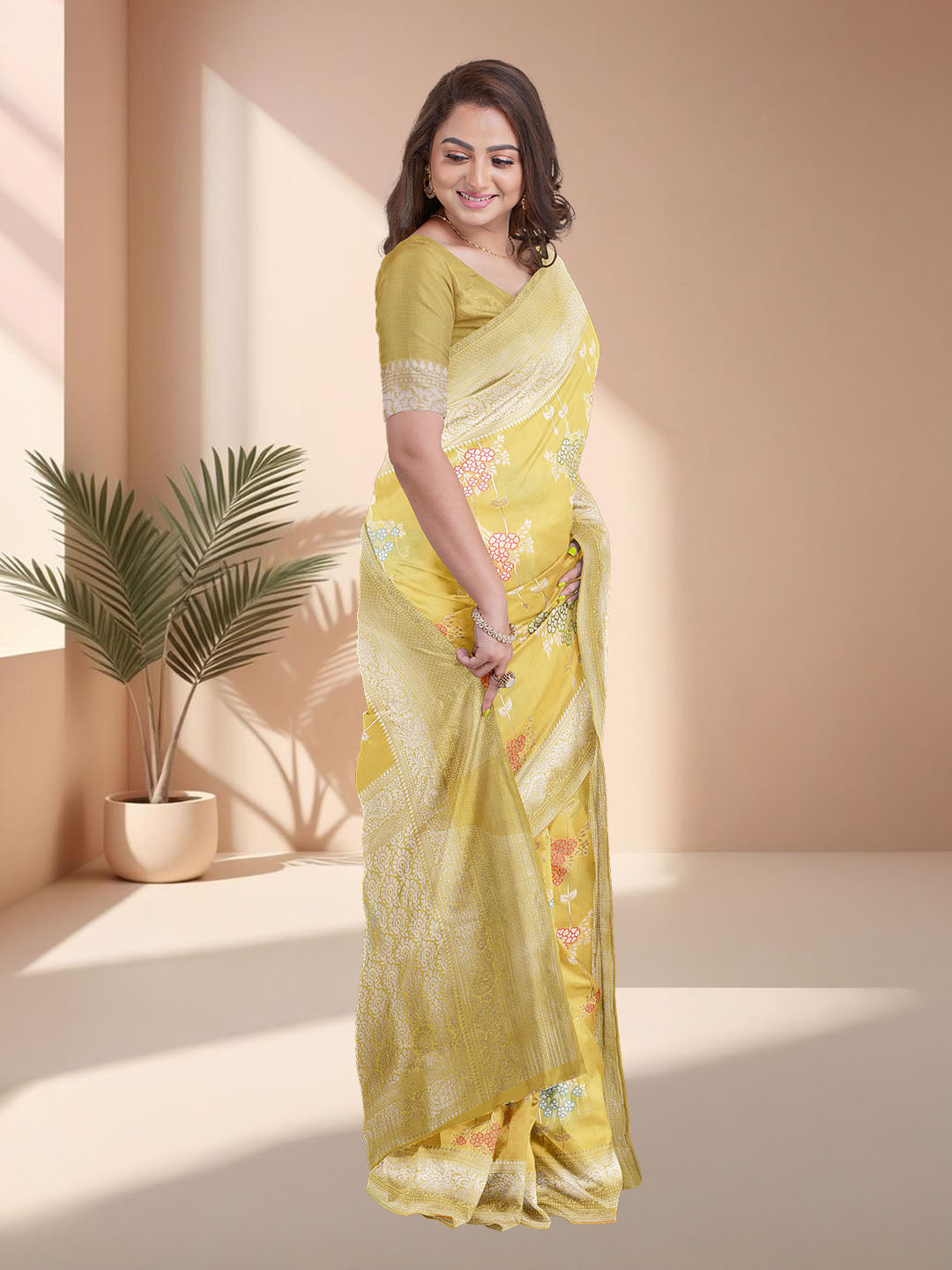 Women Yellow Art Silk Printed Saree ASS81