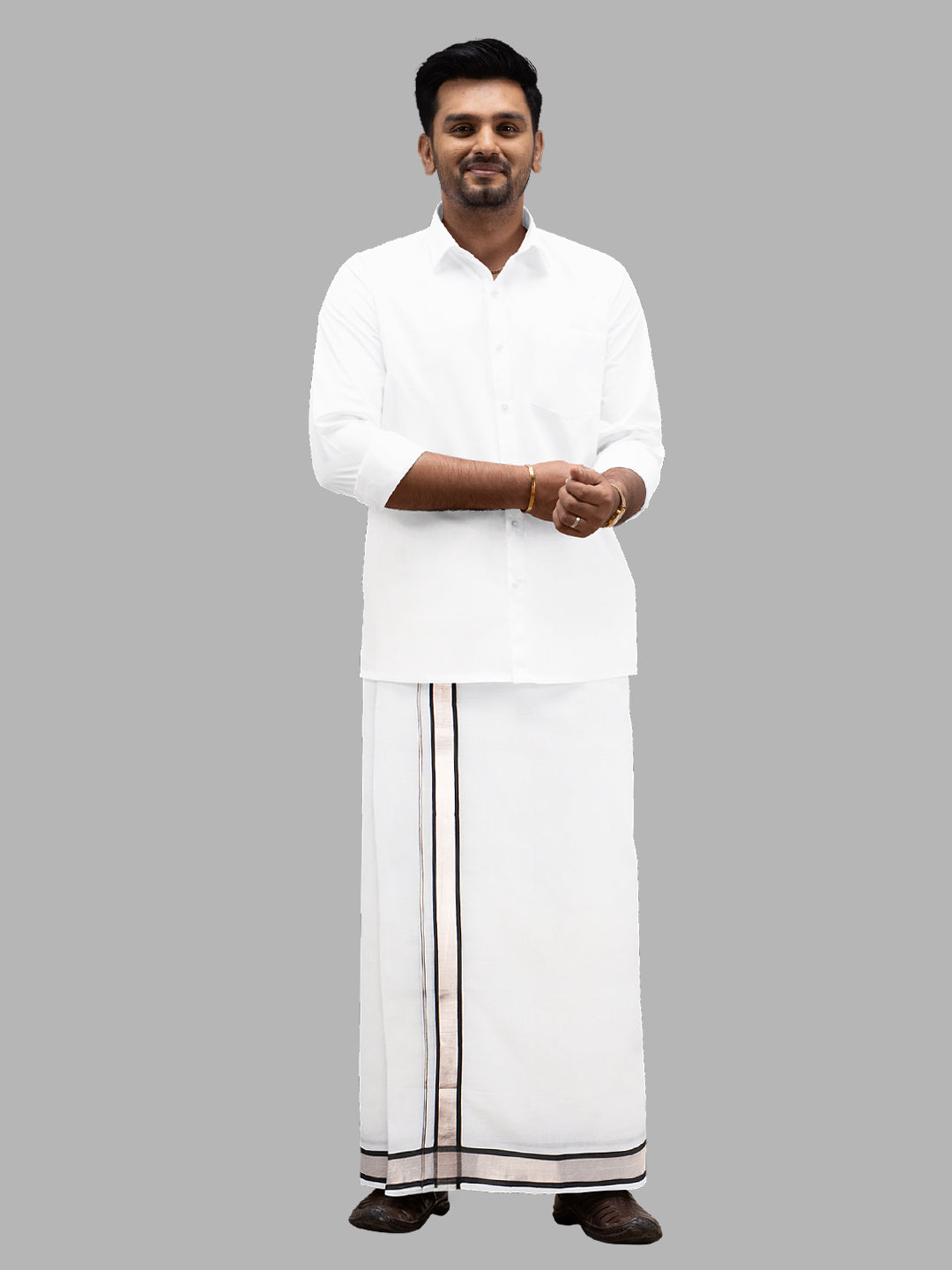 Men 100% Cotton Double Layer White Dhoti with Fancy Jari Border