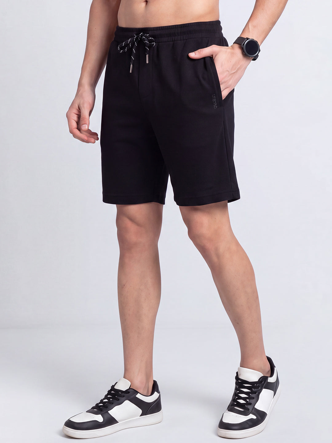 Cotton Rich Popcorn Structured Fabric Black Shorts PS5