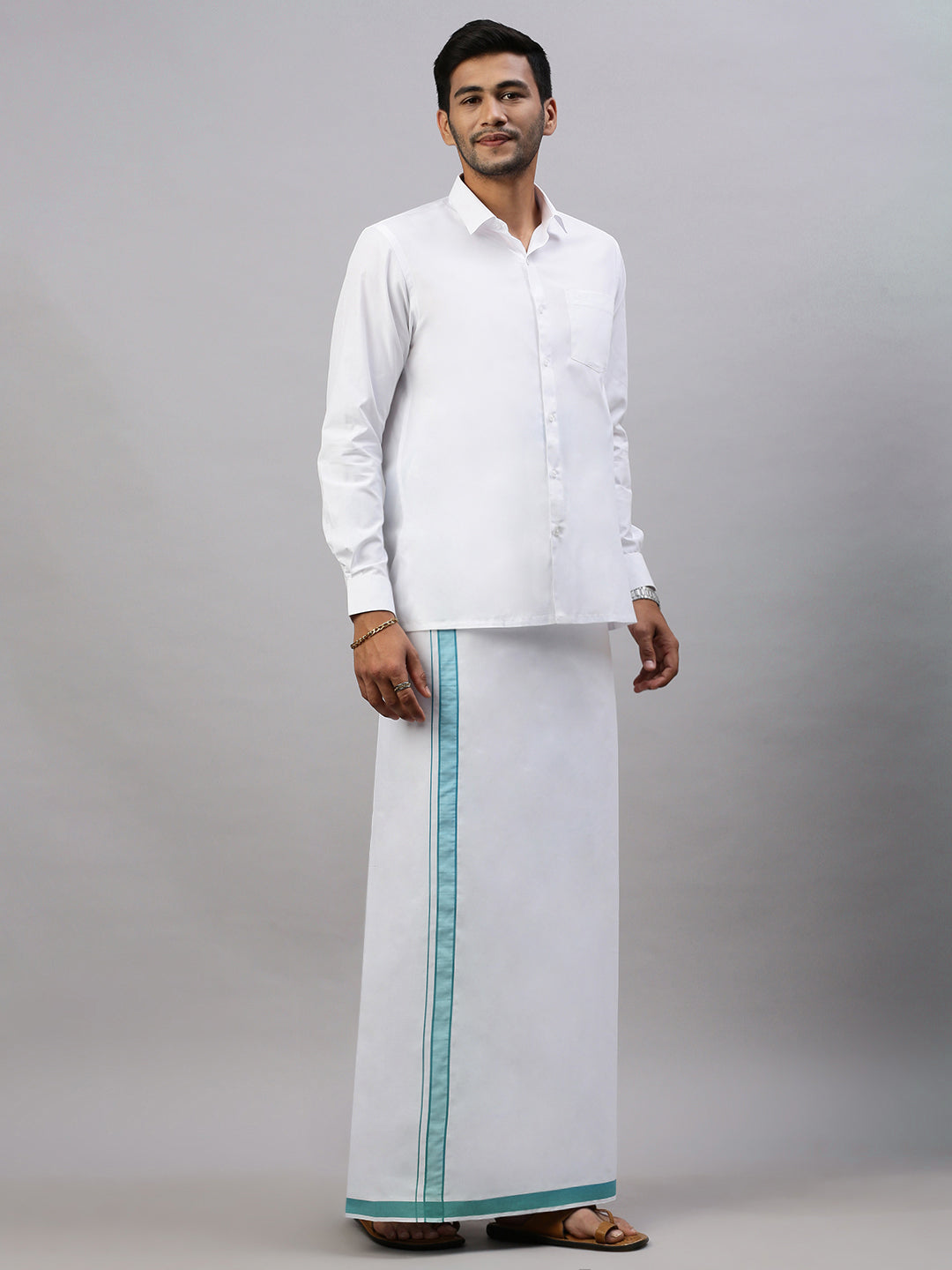 Mens Green Border White Dhoti - Redfort Plain