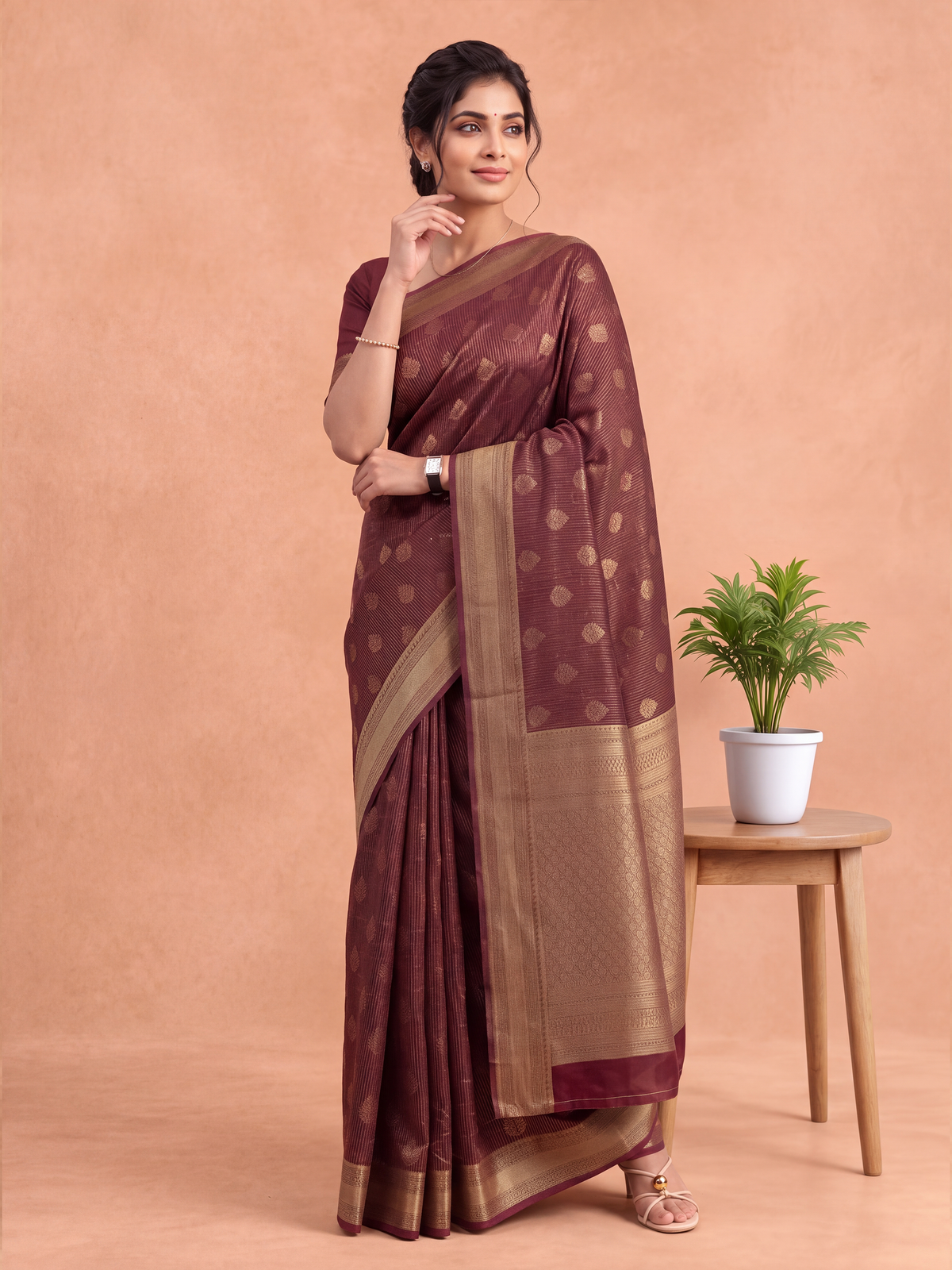 Women Art Silk Maroon with Sandal Saree ASS154