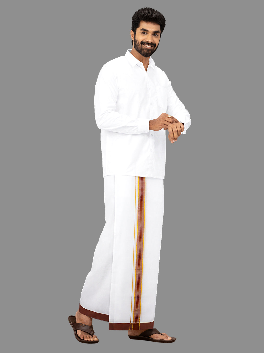 Men Brown Fancy Jari Border Double Dhoti King Fashion