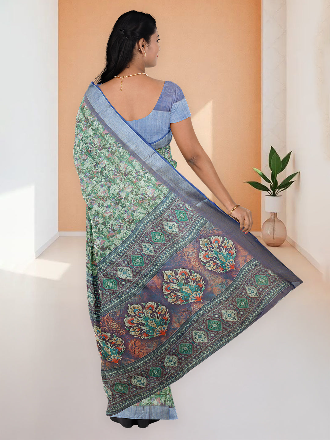 Women Green Semi Linen Saree SL227