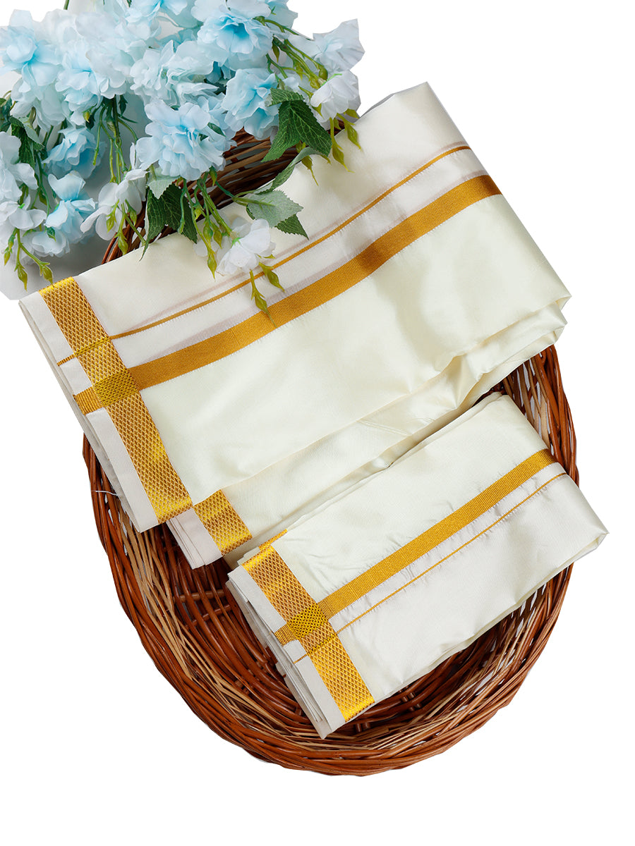 Men Cream Double Dhoti & Towel Set 3/4'' Inch Gold Jari Iswaryam