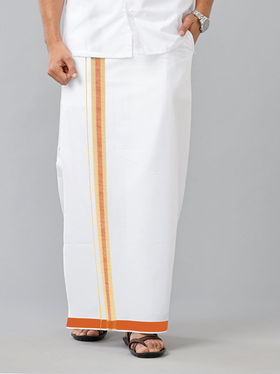Mens Smart Look White Adjustable Pocket Dhoti with Orange fancy Border