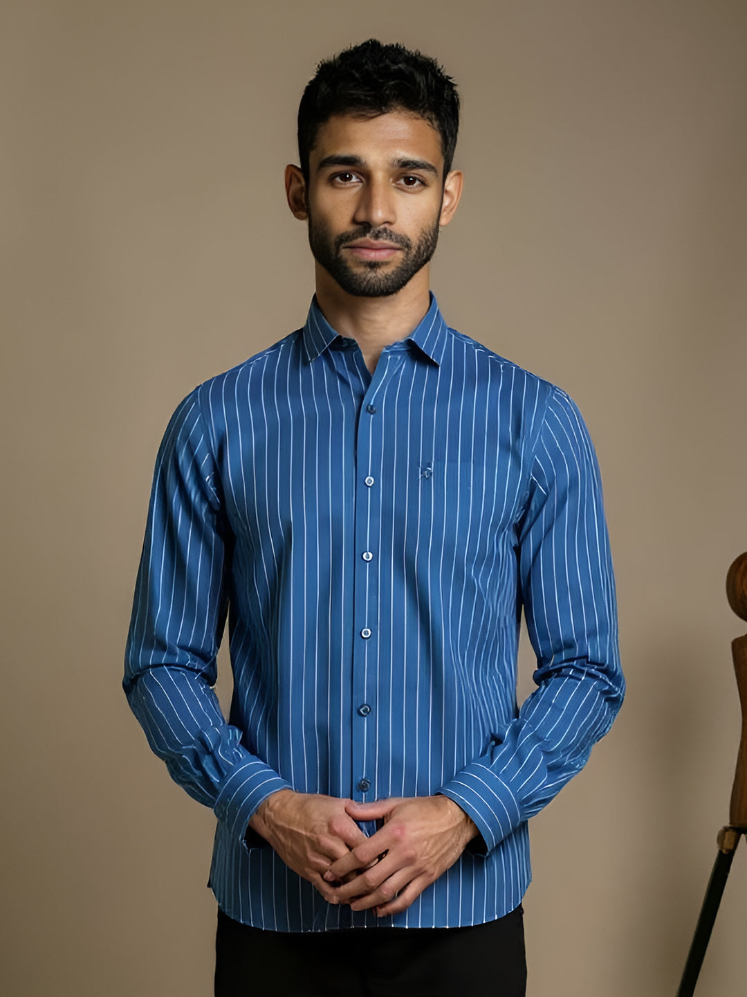Men Pure Linen Striped Shirt Tufts Blue LS11