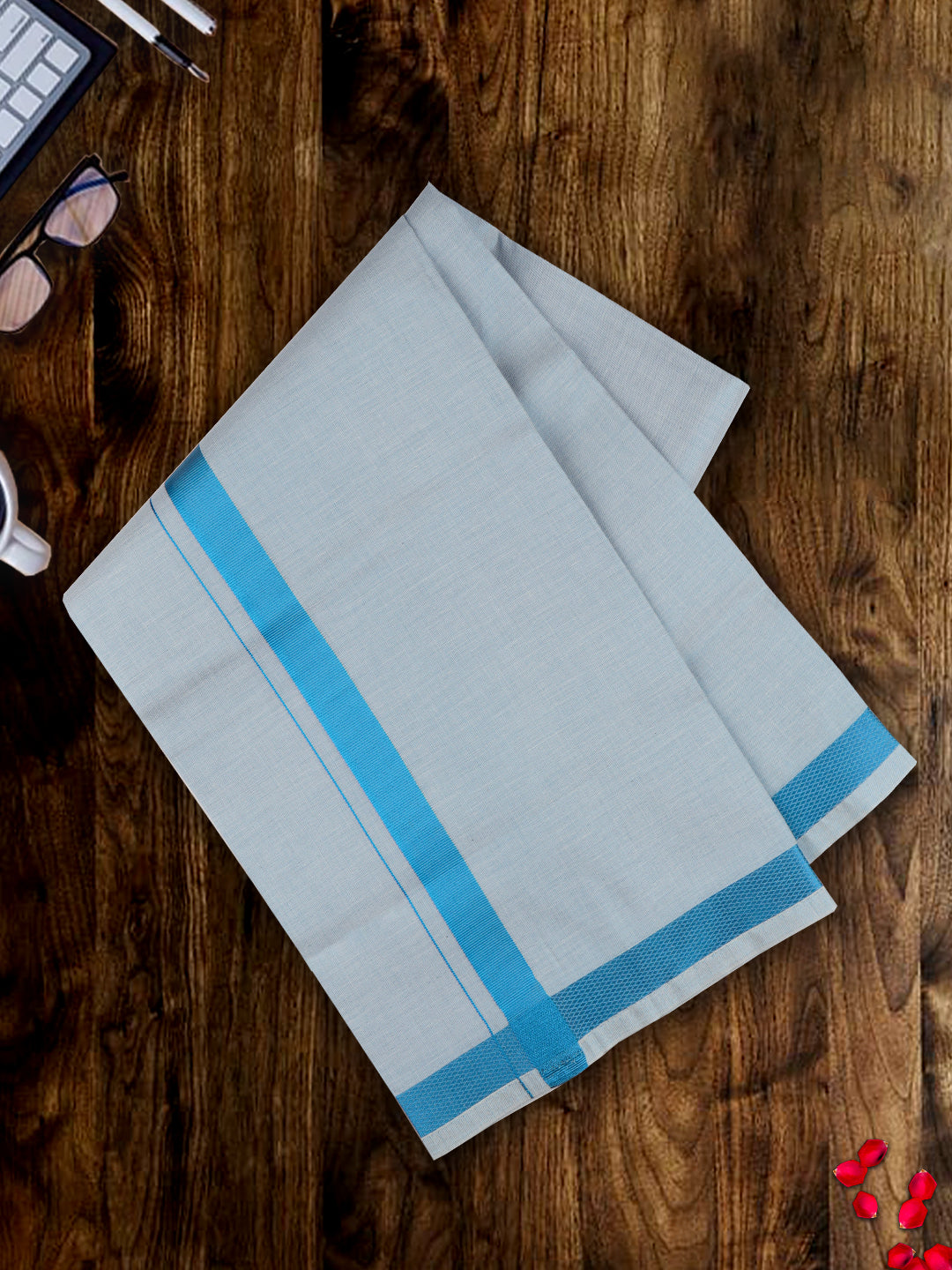 Mens Premium Tissue Dhoti & Shirt Fabric Blue Celebrity Set