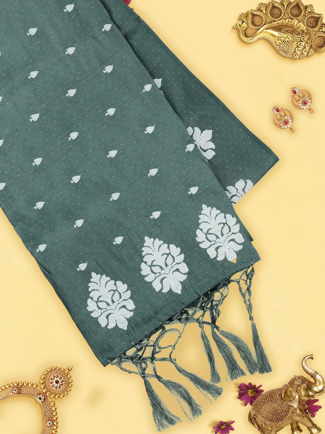 Womens Semi Tussar Green & Sandal Flower Embroidery Saree ST99