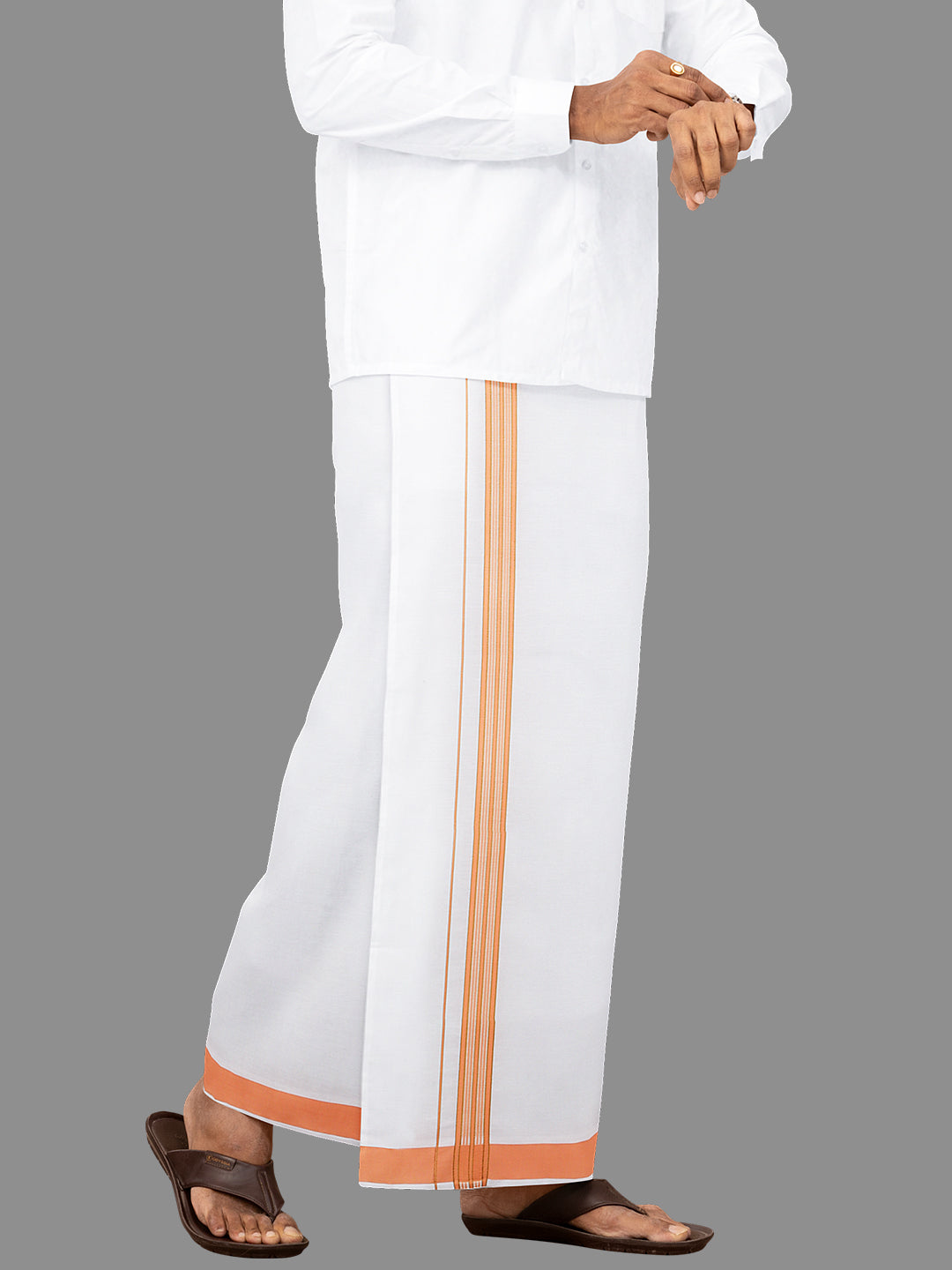 Men White with Orange Fancy Jari Border Single Layer Dhoti Yuga YJF01