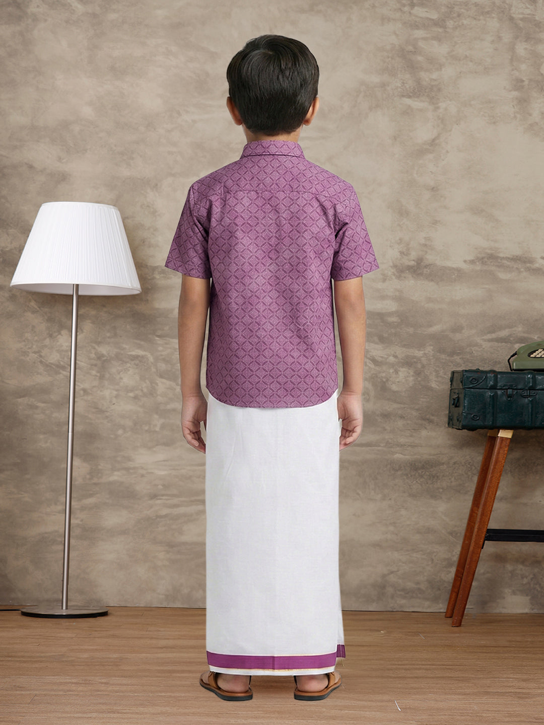 Like Father Like Son Matching Border Dhoti with Printed Shirt Combo Set Dark Magenta PS28