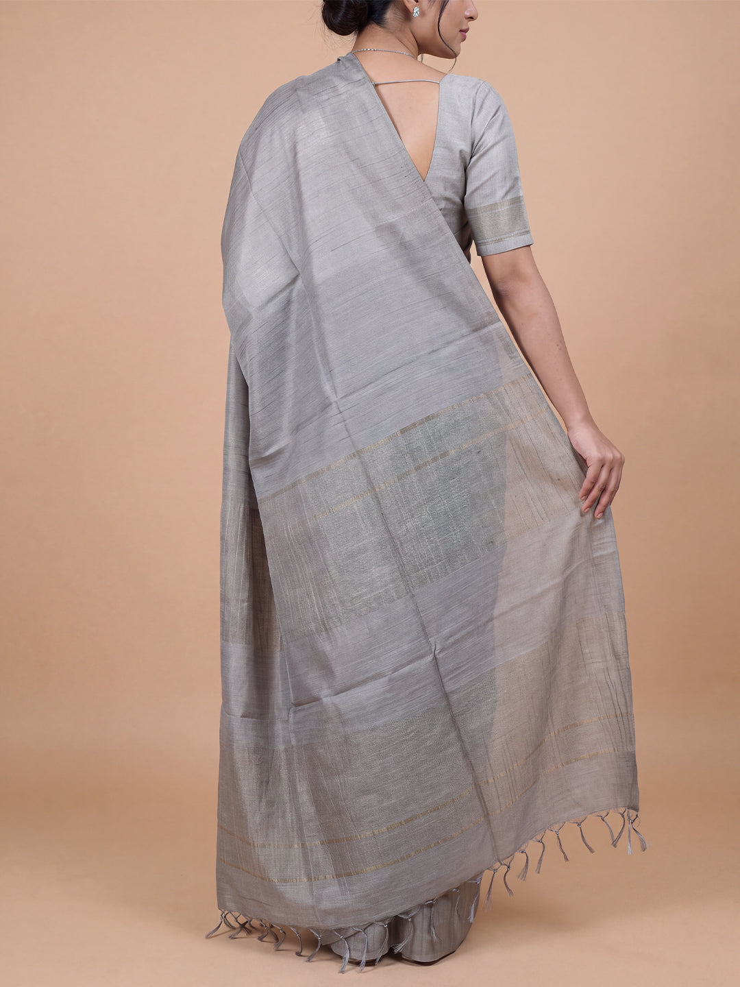 Women Semi Tussar Grey Striped Saree ST363